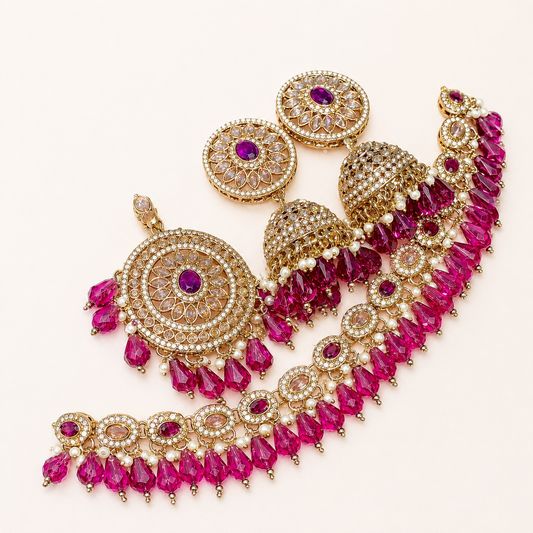 Fuchsia Pink Pakistani Necklace With Beautiful Jhumka And Tika…