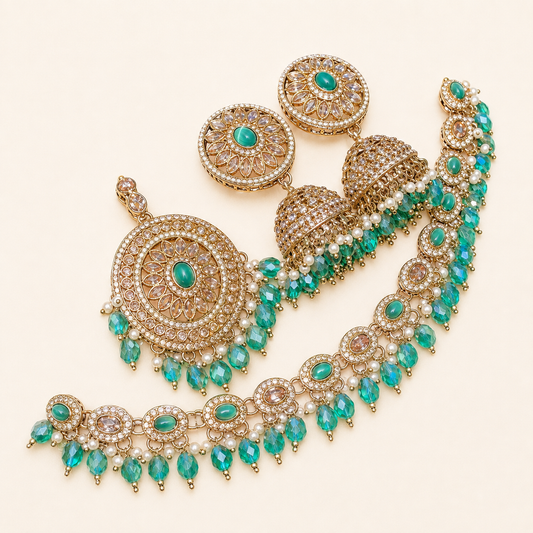 Emerald Tea Green  Pakistani Necklace With Beautiful Jhumka And Tika