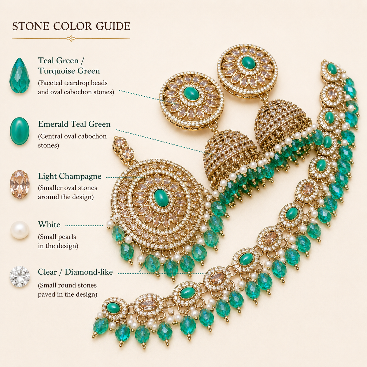Emerald Tea Green  Pakistani Necklace With Beautiful Jhumka And Tika